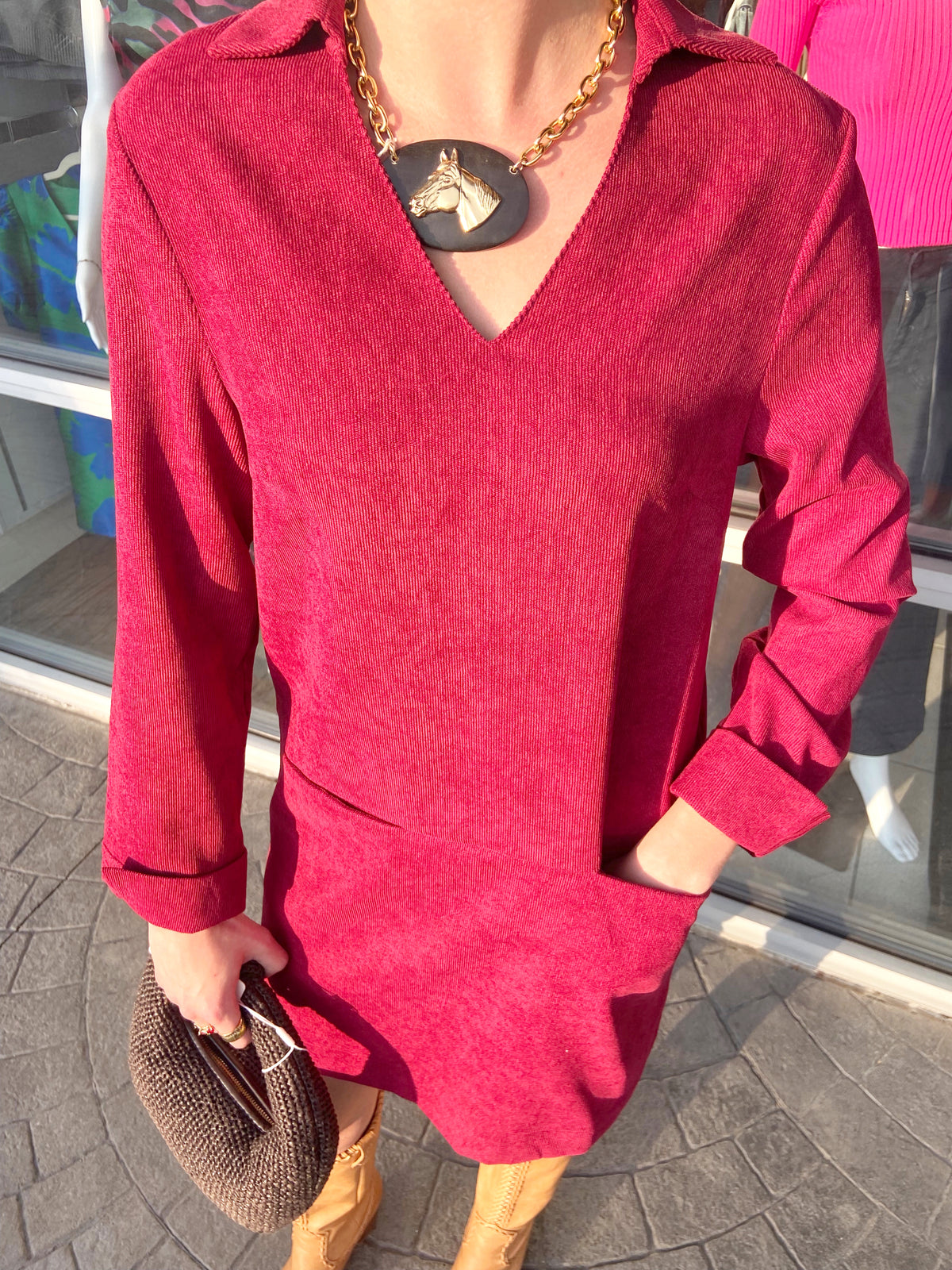 JOY JOY Wine V-Neck Collar Mini Dress