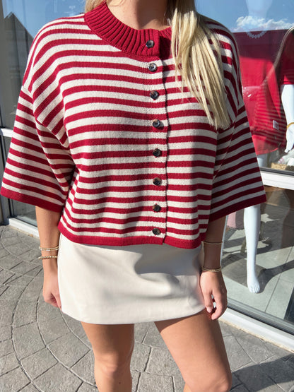 OLIVACEOUS Burgundy Stripe Cardigan