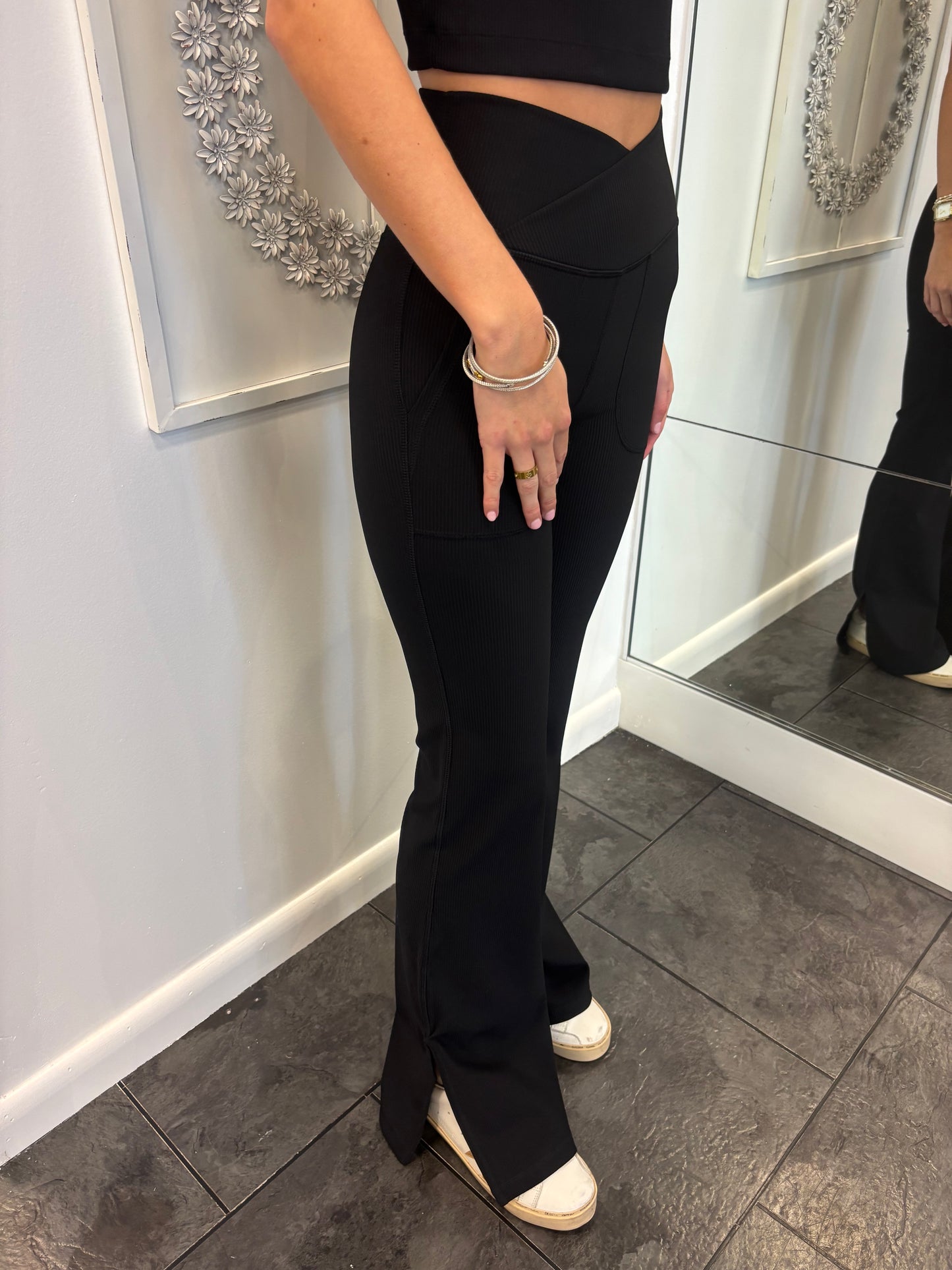 Black V-Waist Flared Leggings and Sleeveless Top Set