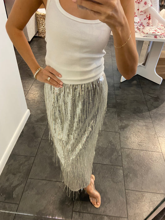 Silver Sequin Midi Skirt