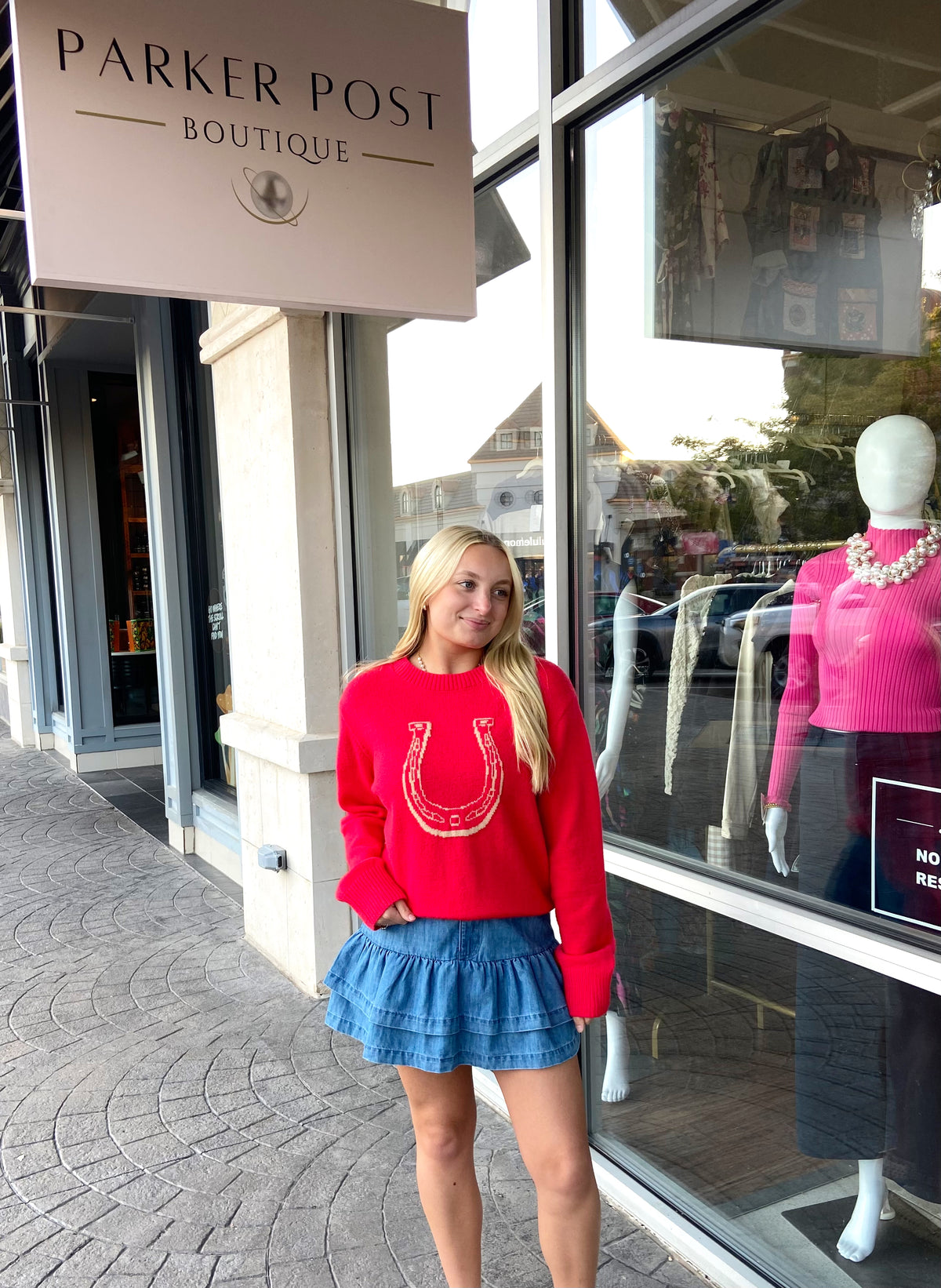 April Red Horseshoe Graphic Knit Sweater
