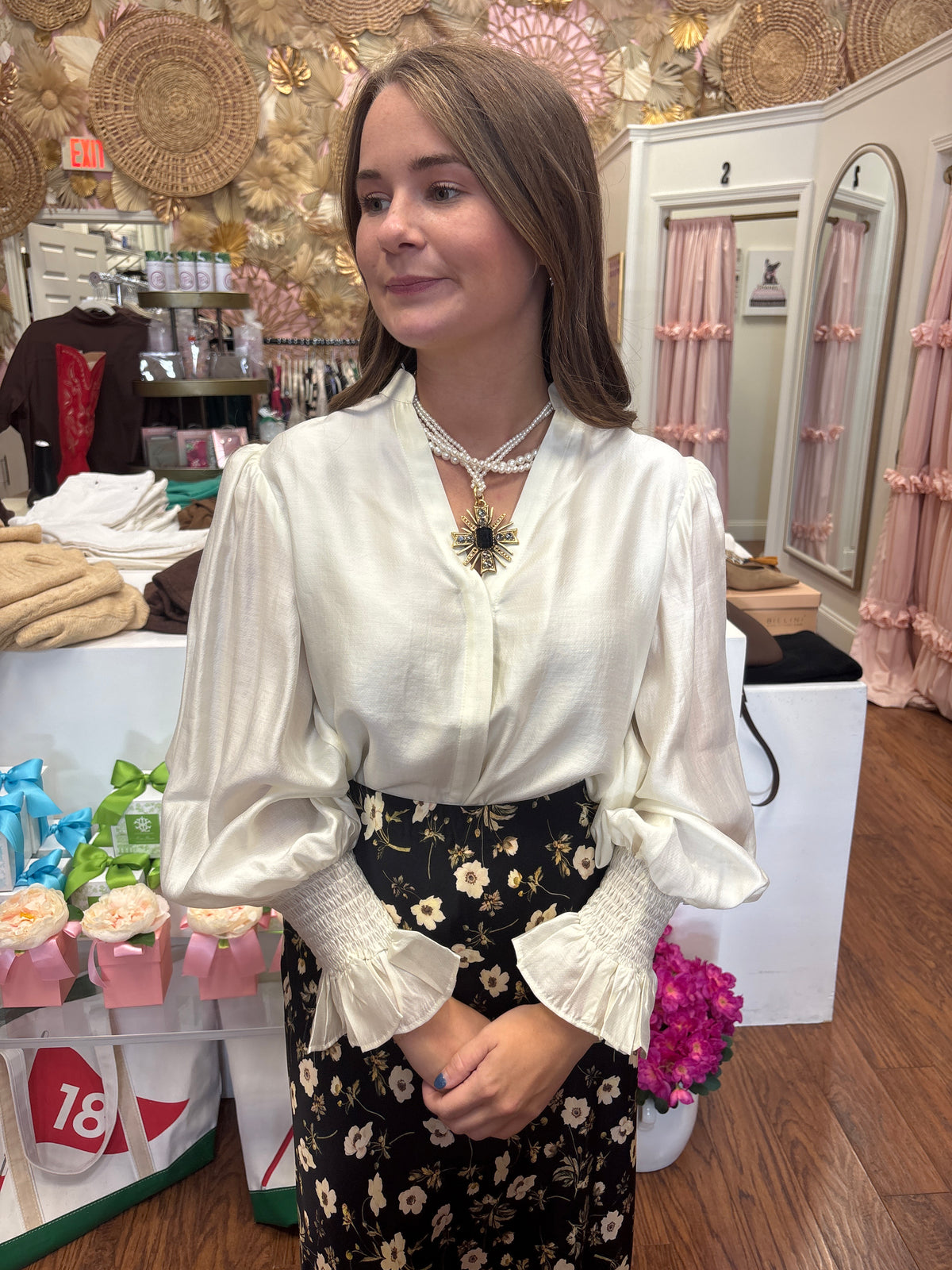 JADE Ivory Satin V-Neck Blouse