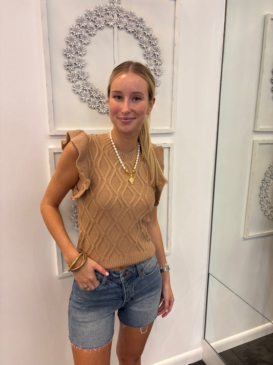 The Chelsea Taupe Ruffled Sleeve Sweater