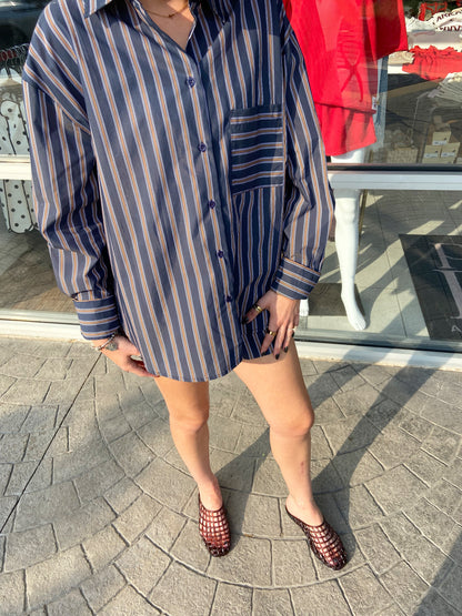 OLIVACEOUS Navy Brown Stripe Short Set