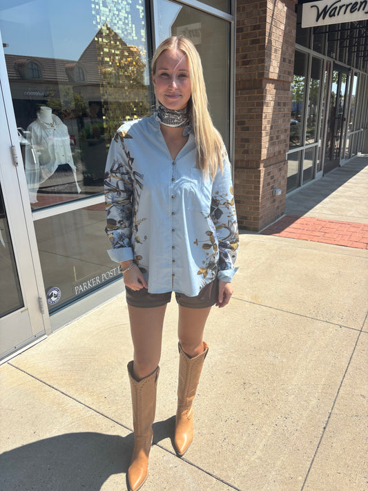 Chambray Floral Button Up Shirt