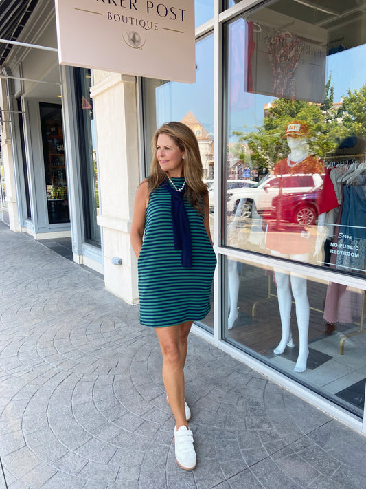 Merry Navy and Green Stripe Mini Dress