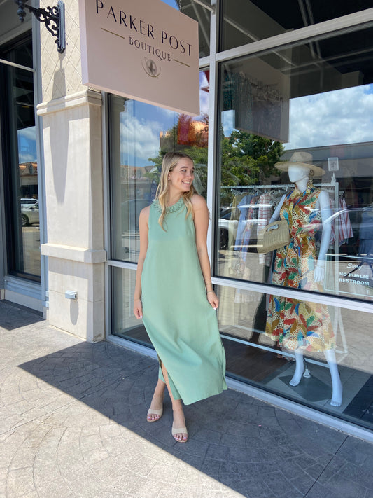 Sage Zig Zag Trim Neck Column Midi Dress