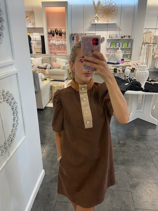 Dark Brown with Camel Collar Suede Dress