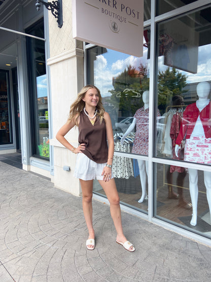 JADE Brown Ruffle Neck Sleeveless Top