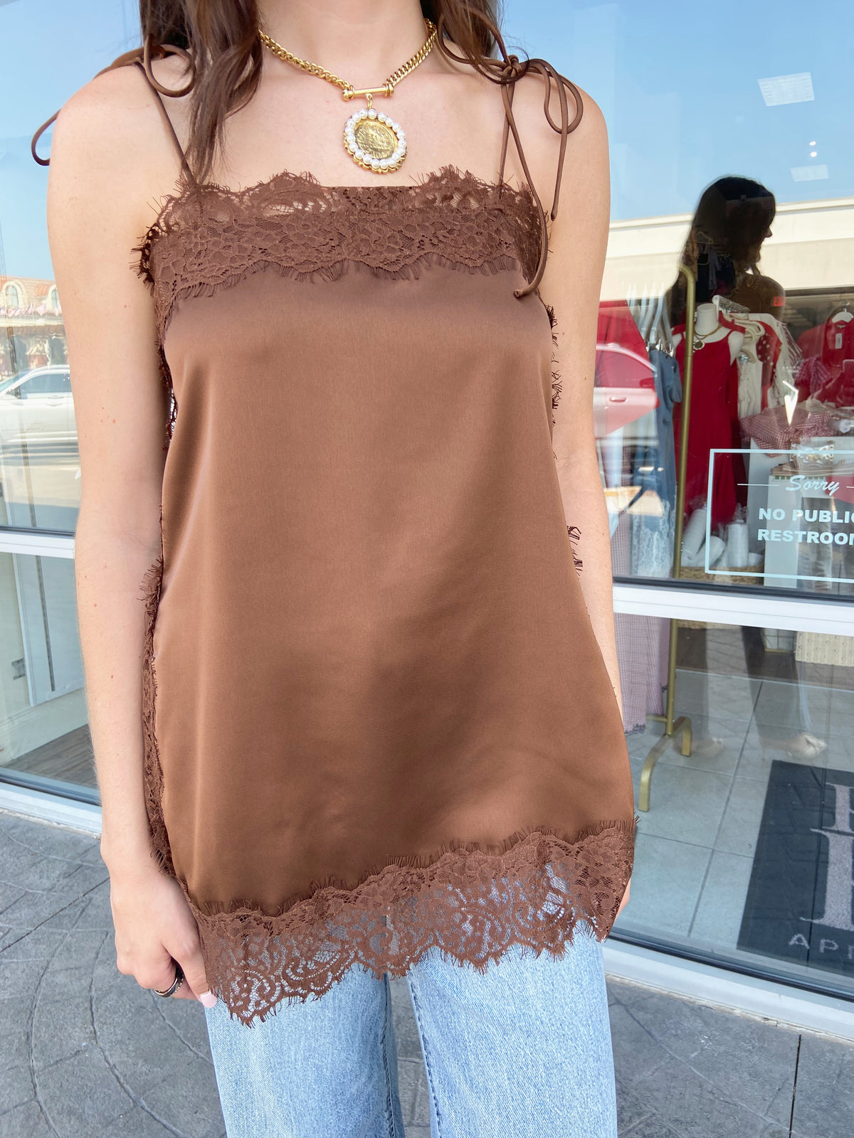 Alexa Brown Satin Lace Cami Top