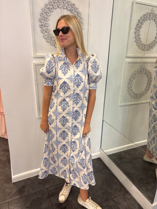 KARLIE French Vintage Floral Puff Sleeve Maxi Shirt Dress
