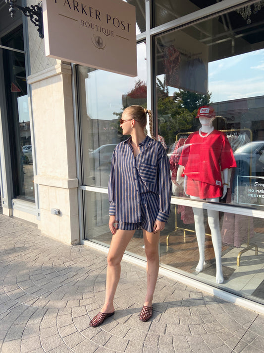 OLIVACEOUS Navy Brown Stripe Short Set