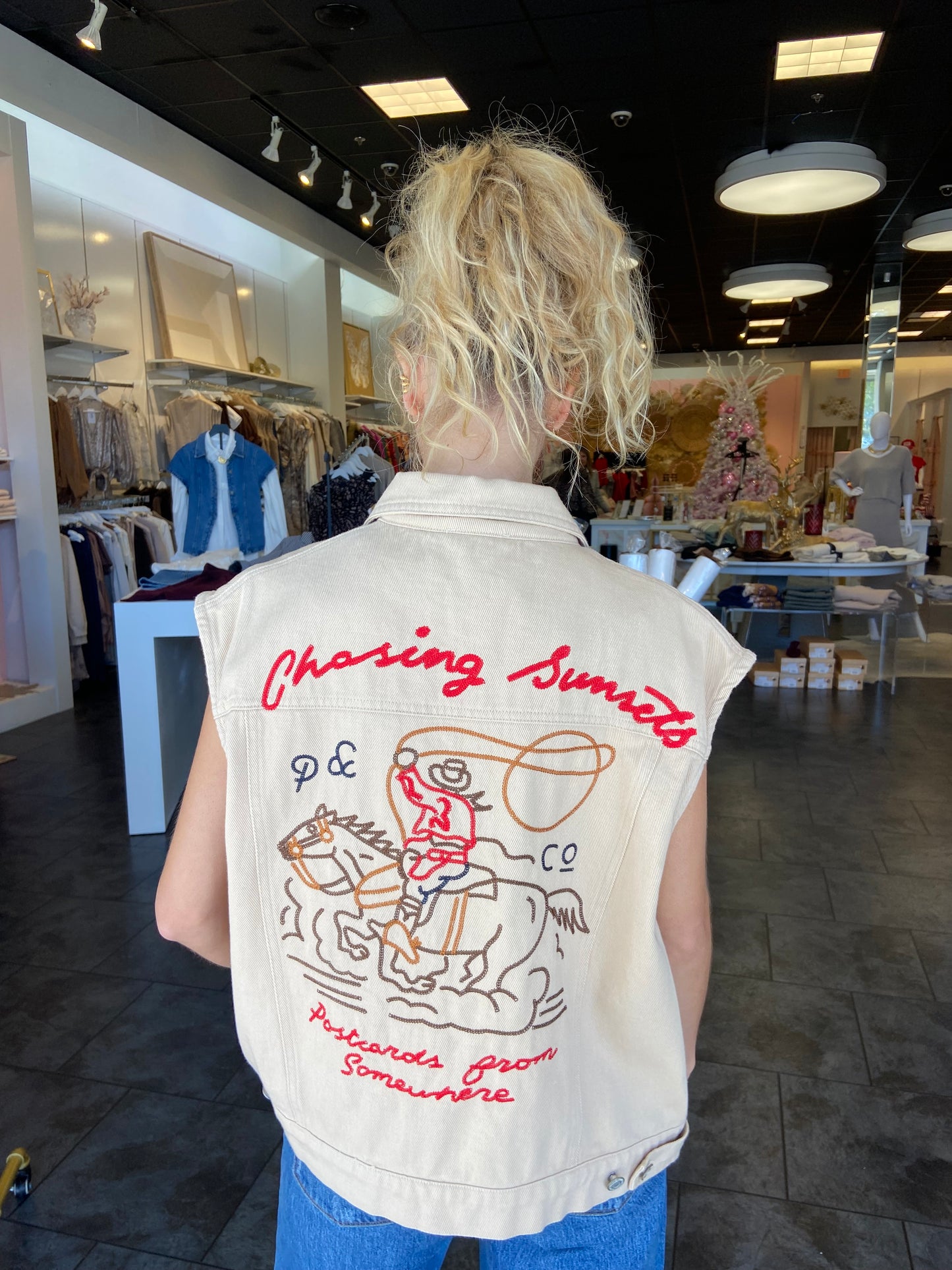 Western Sunset Embroidered Cream Denim Vest