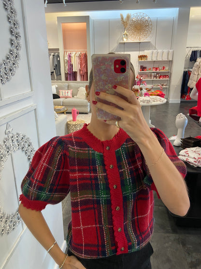 Red Plaid Puff Sleeve Sweater