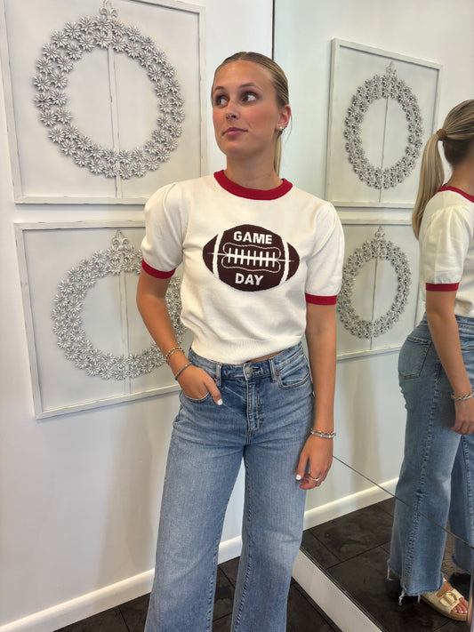 White Short Sleeve Game Day Sweater