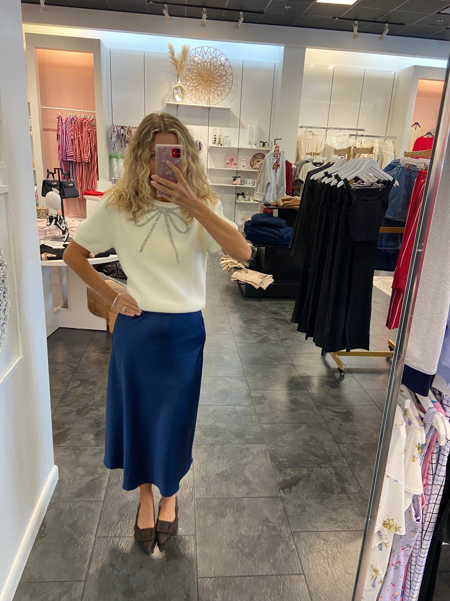 Navy Satin Midi Skirt