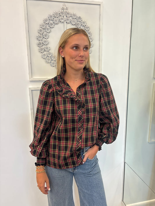 Black Plaid Christmas Button Up Top