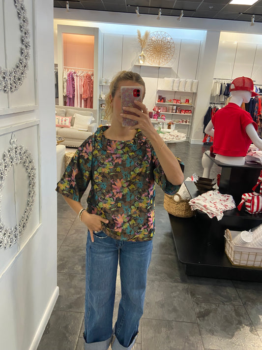 JADE Vintage Floral Roll Collar Top