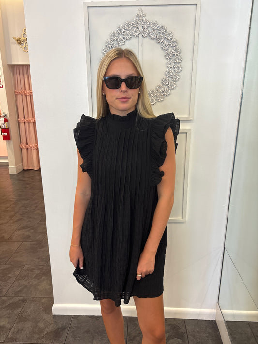 Black Flutter Sleeve Textured Dress