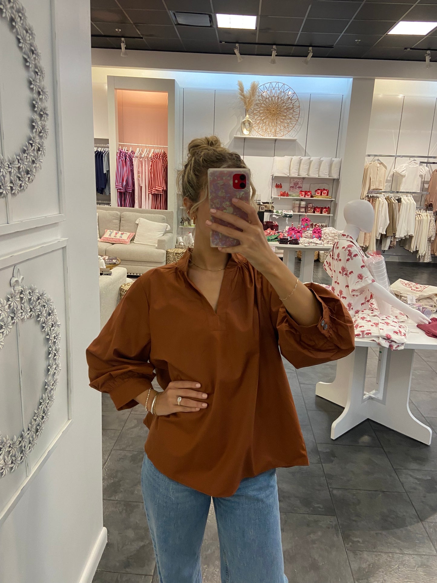 Caramel V-Neck Cotton Bubble Sleeve Blouse