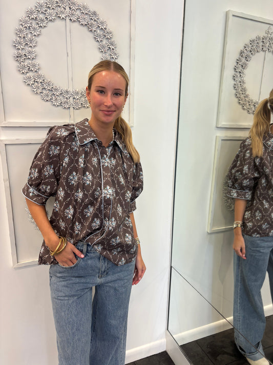 Coffee with Blue Floral Puff Sleeve Button Up Top
