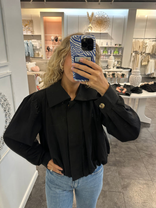 Black Collared Pleated Sleeve Bubble Jacket