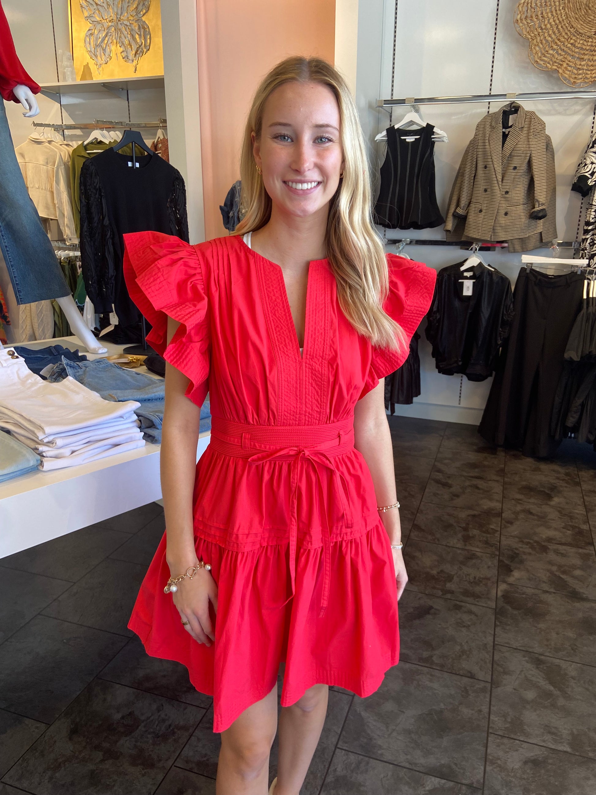 flutter sleeve red dress Tomato Red Flutter Sleeve Midi Dress - All Dresses