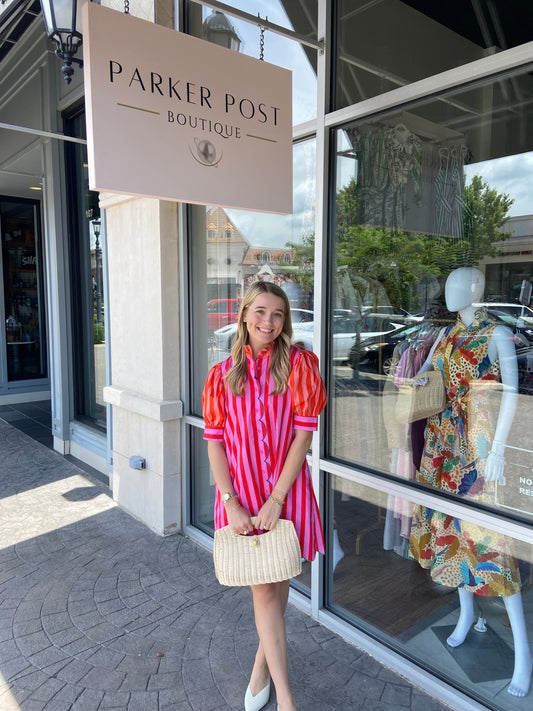 KARLIE Fuschia Stripe Color Block Ruffle Neck Dress