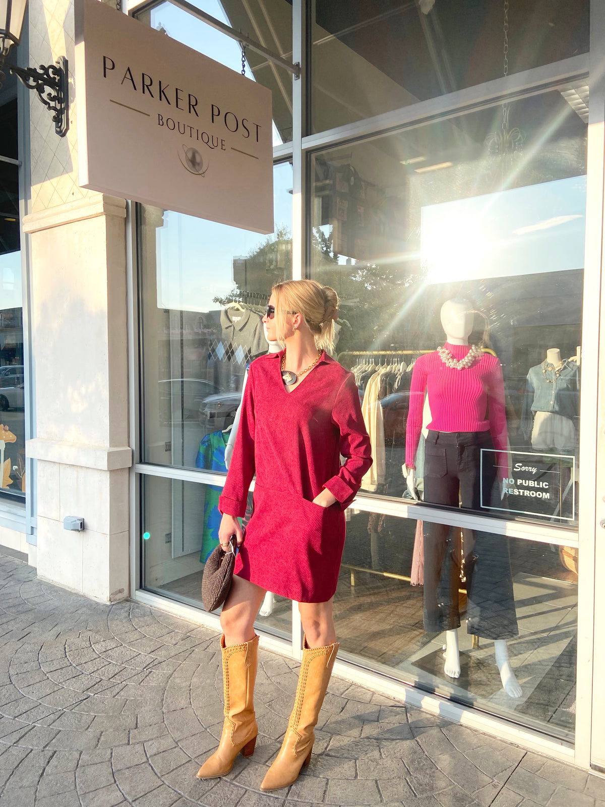 JOY JOY Wine V-Neck Collar Mini Dress