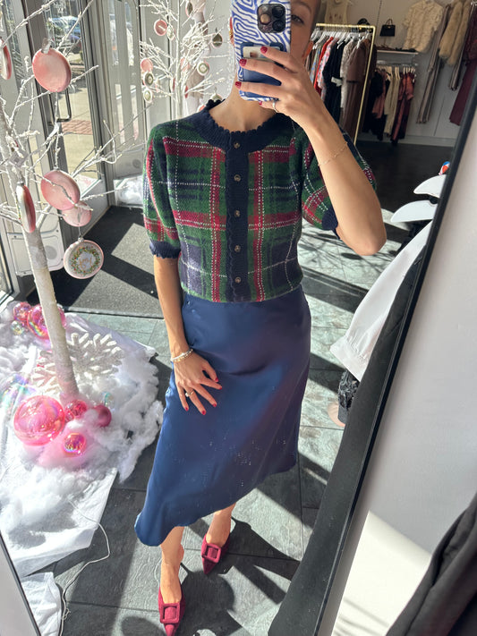 Navy Plaid Puff Sleeve Sweater