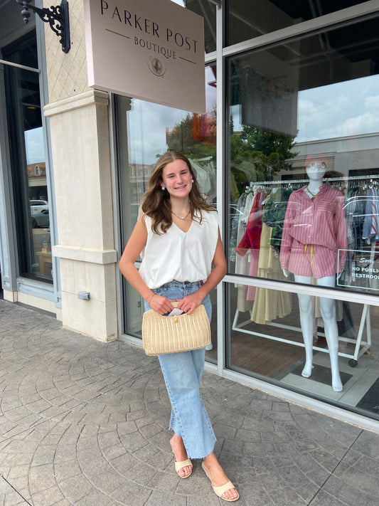 KARLIE White Poplin V-Neck Bubble Top