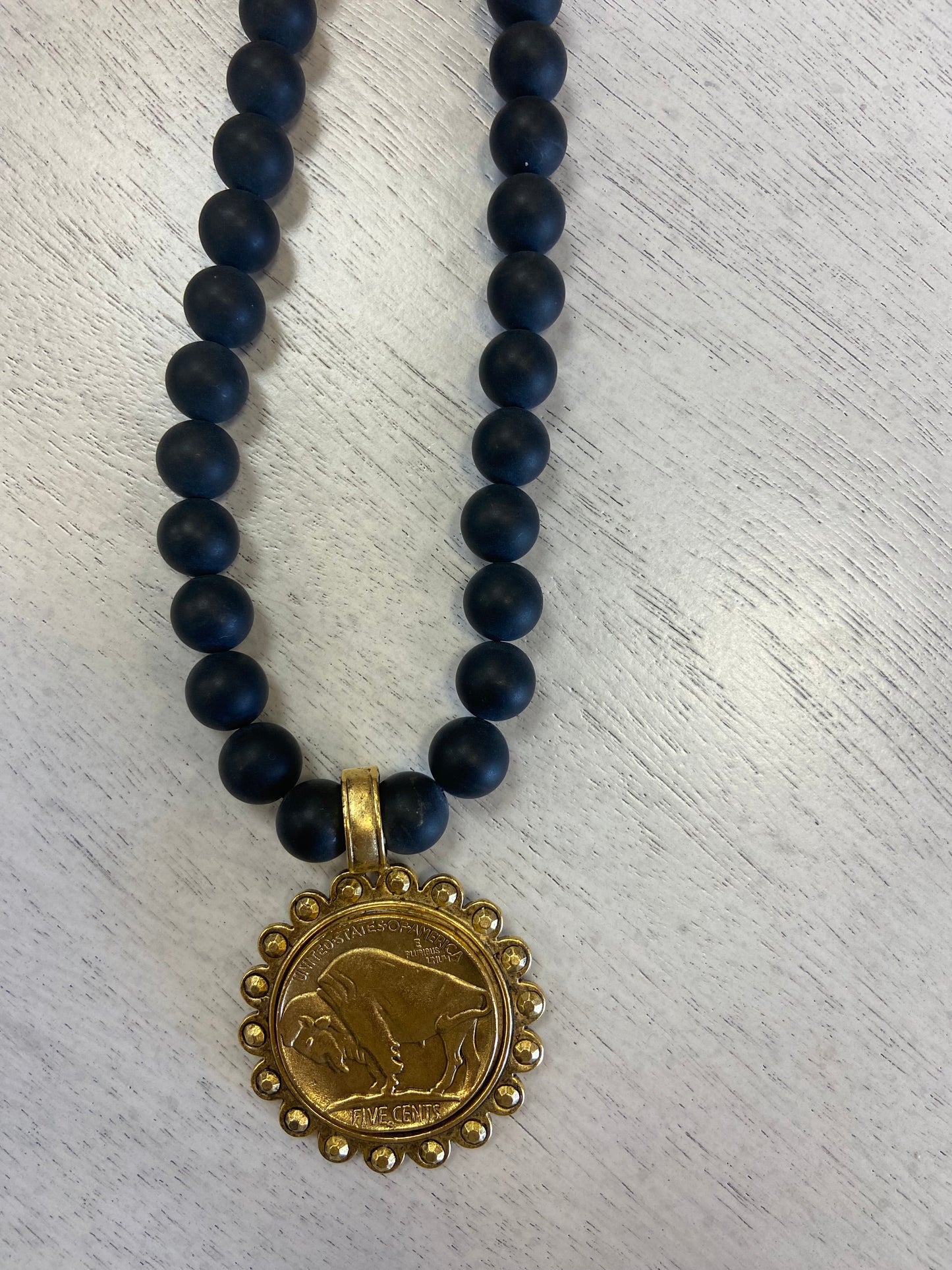 YOCHI Gold Buffalo Coin with Black Pearl Necklace