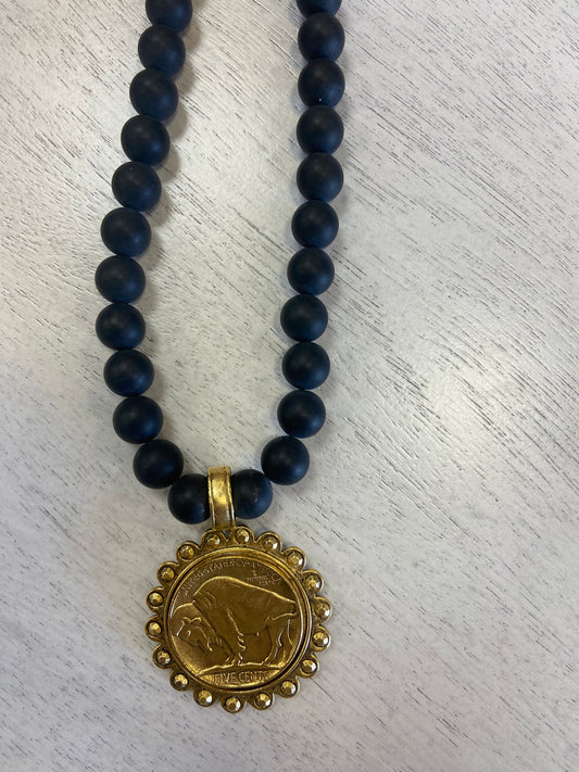 YOCHI Gold Buffalo Coin with Black Pearl Necklace