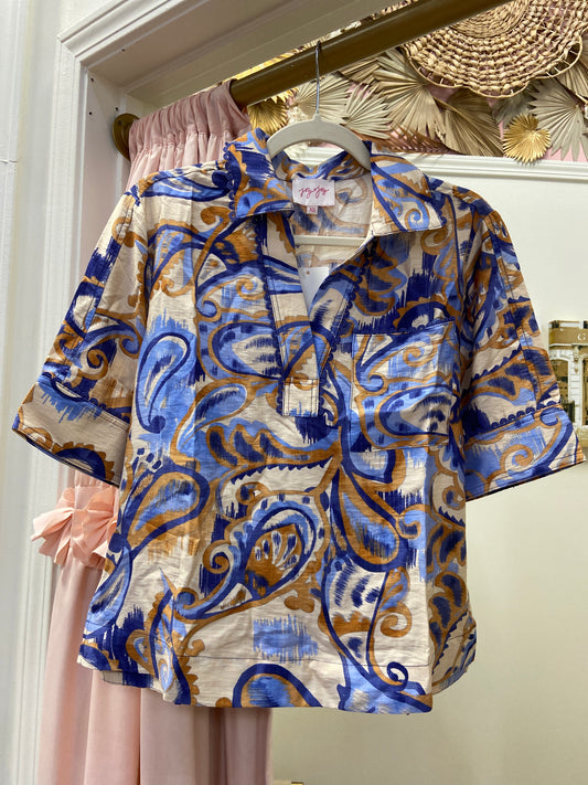JOY JOY Golden Blue Paisley Blouse