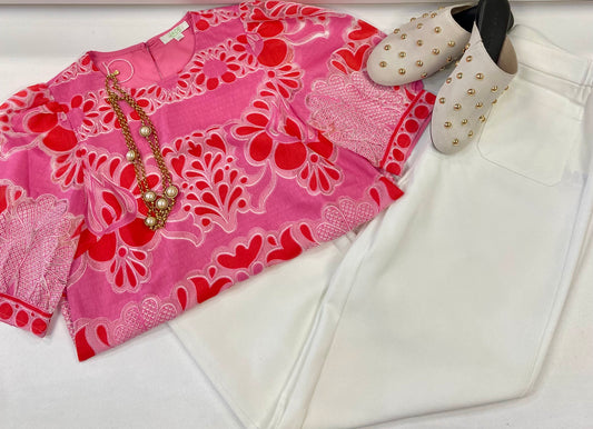 JADE Pink Petal Lace Puff Sleeve Top