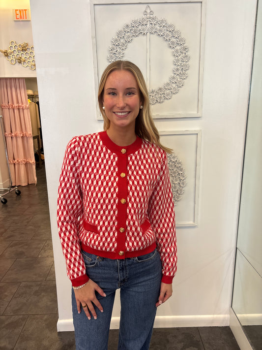 Rosalie Red & White Geometric Cardigan