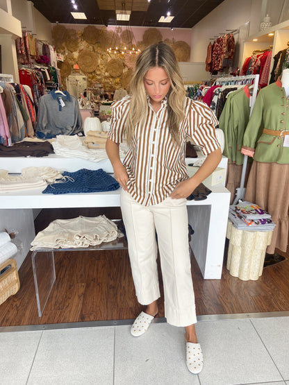Becca Brown and Cream Stripe Ruffle Neck Button Up Top
