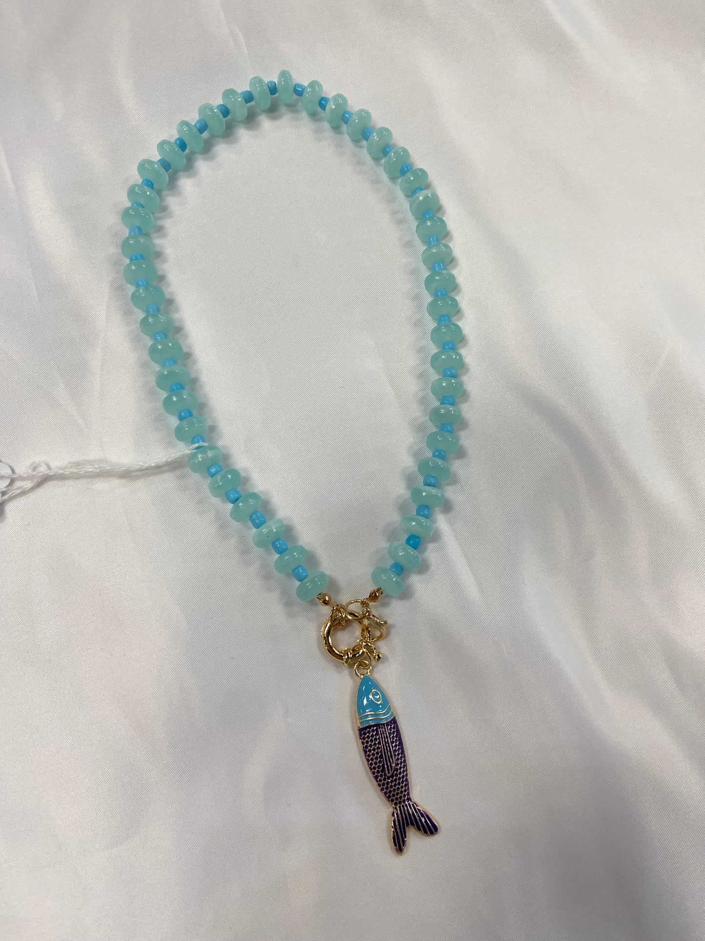 Aqua Blue Bead With Fish Necklace
