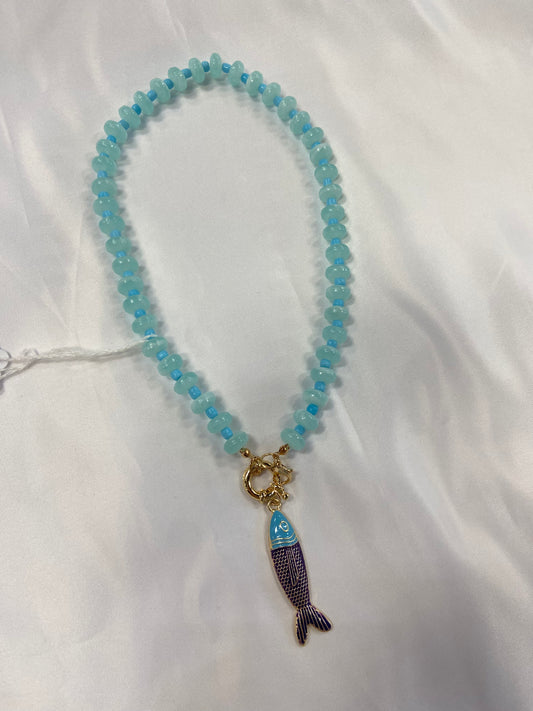 Aqua Blue Bead With Fish Necklace