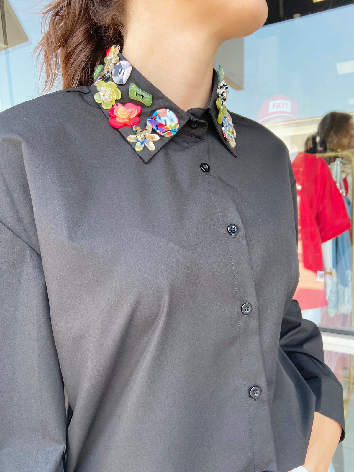 KARLIE Black Button Collar Long Sleeve Top