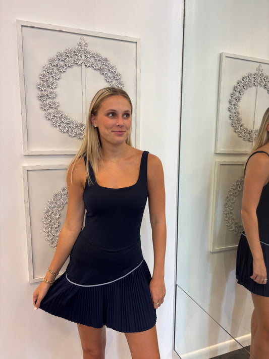 KARLIE Navy Kourt Pleat Dress with Contrast Piping