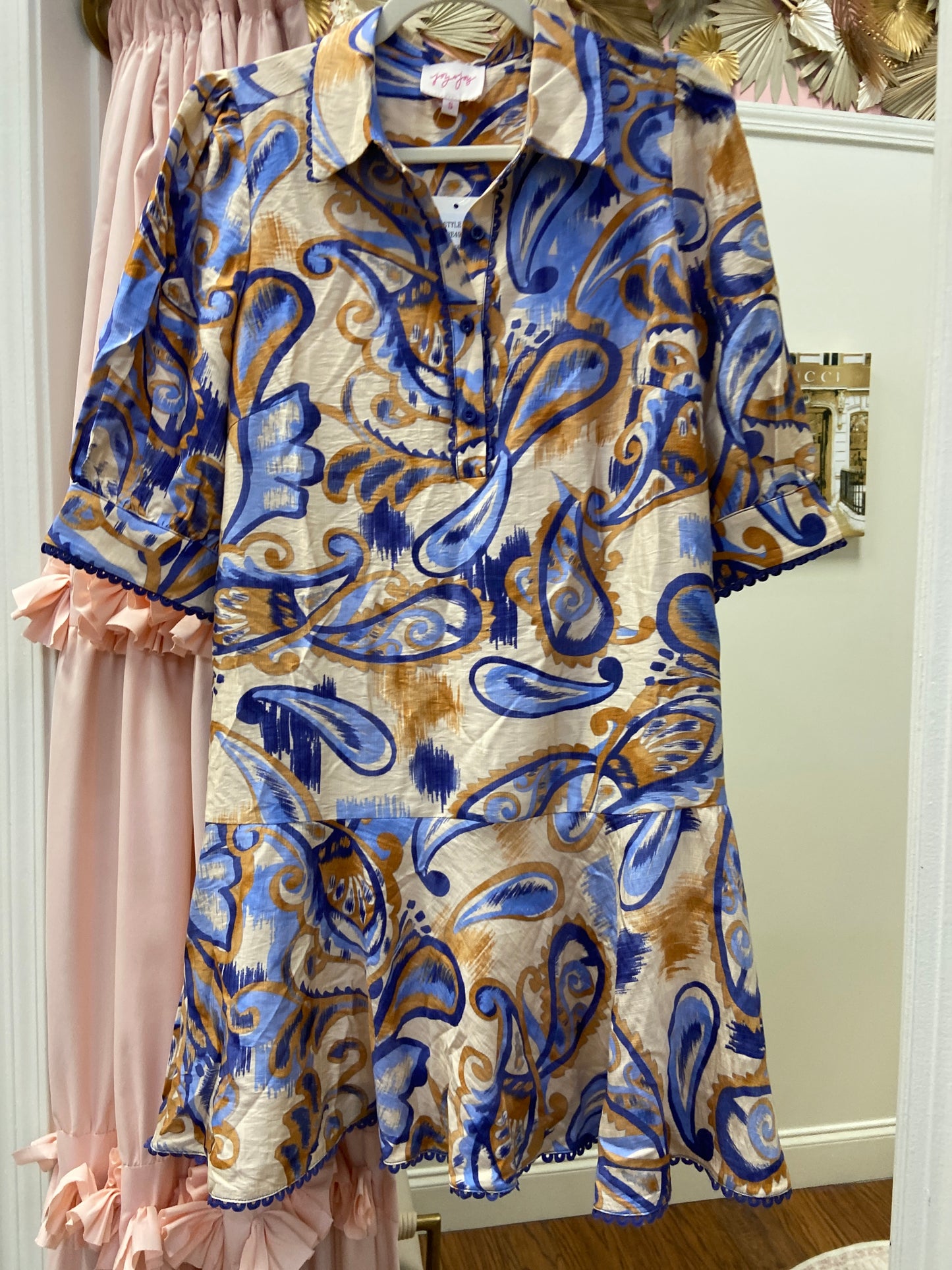 JOY JOY Golden Blue Paisley Mini Dress