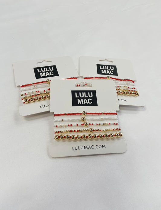 LULU MAC Red, White & Gold Beaded Bracelets