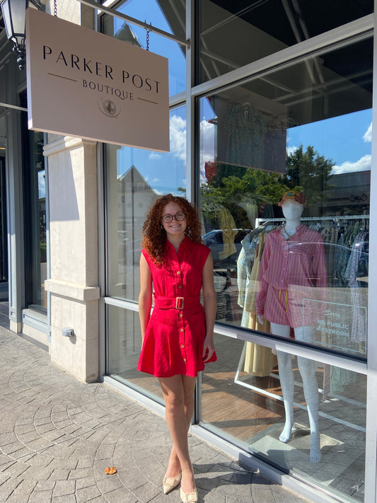KARLIE Red Solid Linen Belted Mini Dress