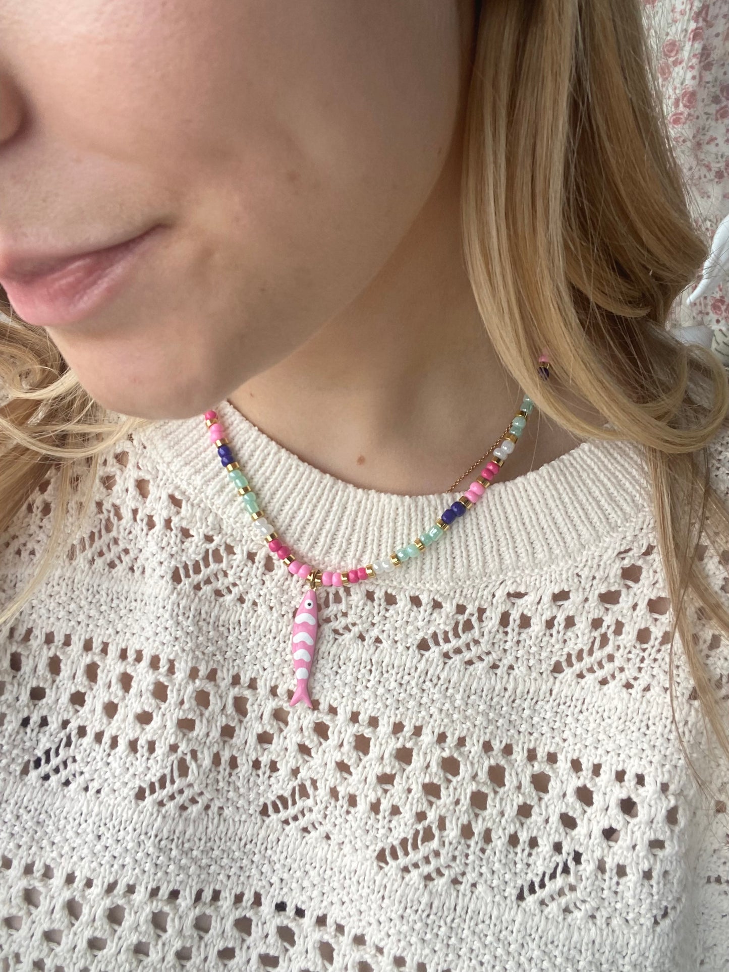 Small Multi Color Bead With Pink Fish Necklace