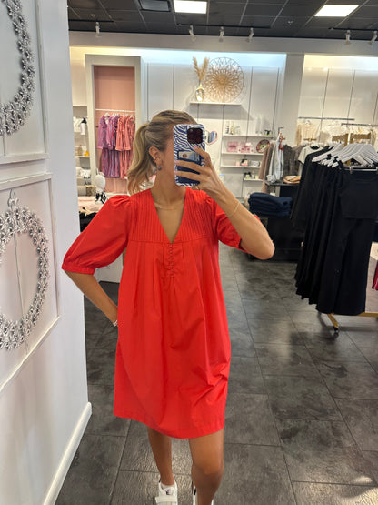 JOY JOY Red Pin Tuck Yoke Dress