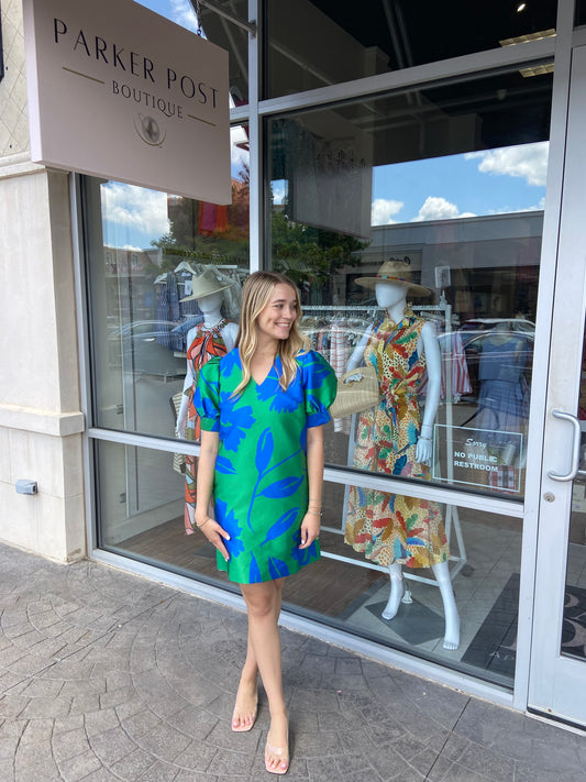 Greenich Green Floral Brocade Mini Dress