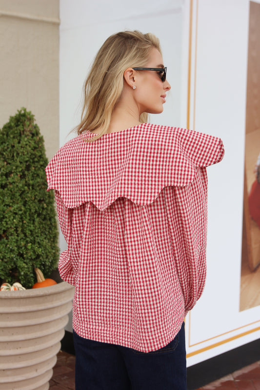KARLIE Red Gingham Poplin Peter Pan Collar Top