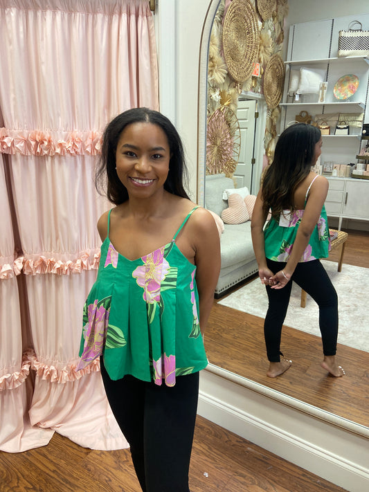 Fiona Green Floral Pleated Top