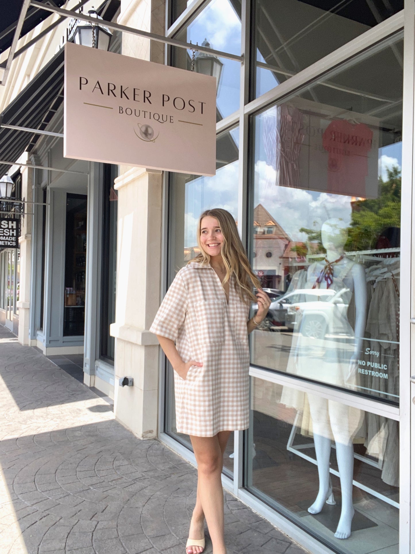 KARLIE Khaki Check Denim VNeck Pocket Dress